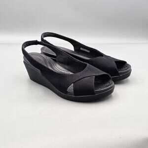 Crocs Womens Size 9 US VGC Leigh Ann Black Sling Back Wedge Dual Comfort Sandals